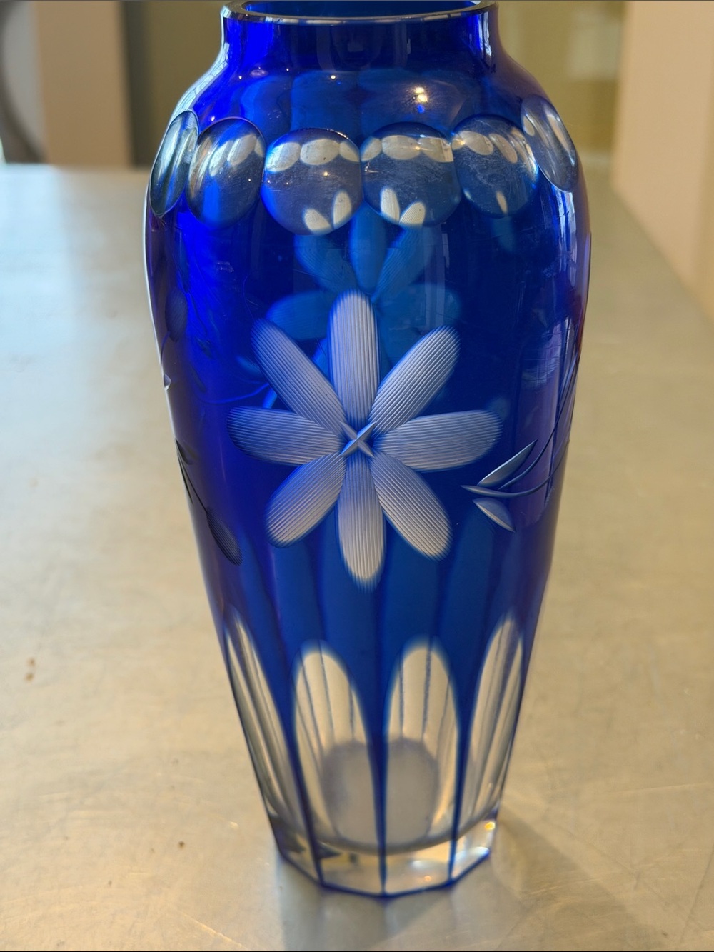 Blue Cut-to-Clear Floral Art Glass Vase